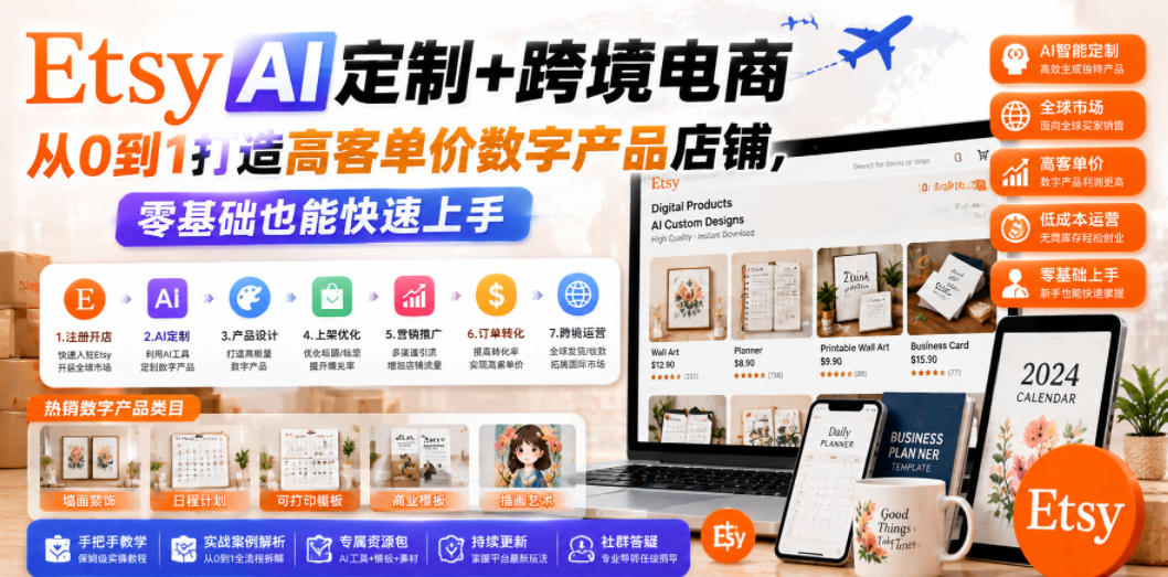Etsy AI定制+跨境电商，从0到1打造高客单价数字产品店铺，零基础也能快速上手-九节课