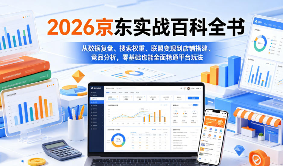 2026京东实战百科全书，从数据复盘、搜索权重、联盟变现到店铺搭建、竞品分析，零基础也能全面精通平台玩法-九节课