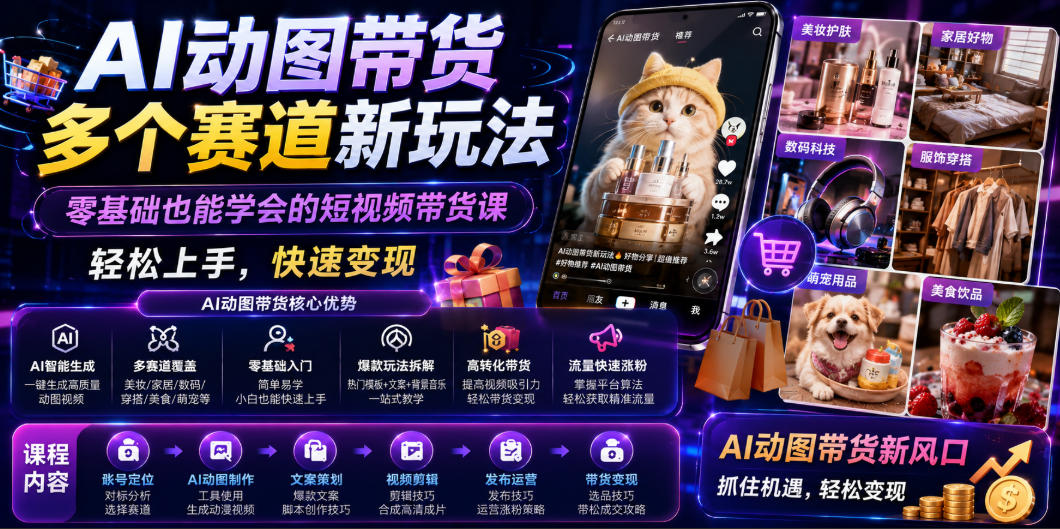 AI动图带货多个赛道新玩法，零基础也能学会的短视频带货课，轻松上手，快速变现-九节课