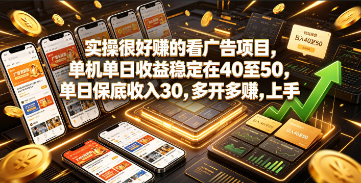 实操很好賺的看广告项目，单机单日收益稳定在40至50，单日保底收入30，多开多賺，上手就能变现【揭秘】-九节课