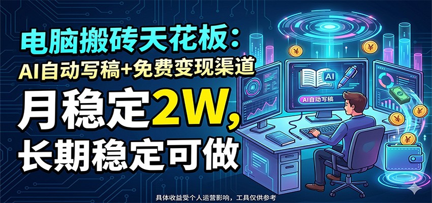 电脑搬砖天花板：AI自动写稿+免费变现渠道，月稳定2W，长期稳定可做-九节课