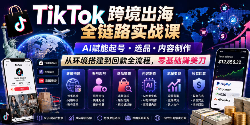 TikTok跨境出海全链路实战课，AI赋能起号・选品・内容制作，从环境搭建到回款全流程，零基础賺美刀-九节课