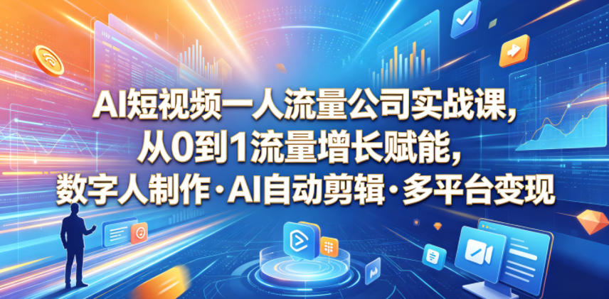 AI短视频一人流量公司实战课，从0到1流量增长赋能，数字人制作・AI自动剪辑・多平台变现，一人做流量生意全落地教程-九节课