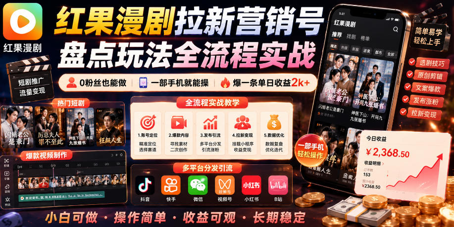 红果漫剧拉新营销号盘点玩法全流程实战，0粉丝也能做，一部手机就能做，爆一条单日收益2k+-九节课