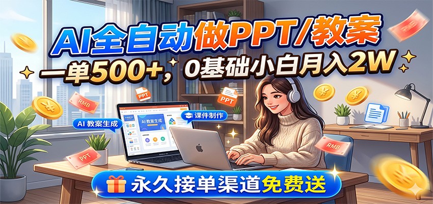 AI全自动做PPT/教案，一单500+，0基础小白月入2W，永久接单渠道免费送-九节课