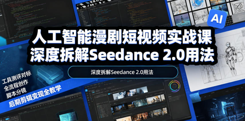 人工智能漫剧短视频实战课，深度拆解Seedance 2.0用法，工具测评对标+全流程创作+脚本分镜+后期剪辑变现全教学-九节课