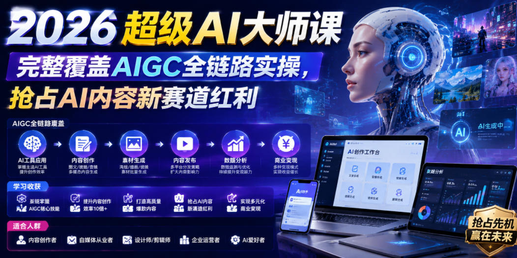 2026超级AI大师课，完整覆盖AIGC全链路实操，抢占AI内容新赛道红利-九节课