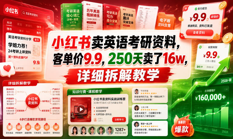 小红书卖英语考研资料，客单价9.9，250天卖了16w，详细拆解教学-九节课