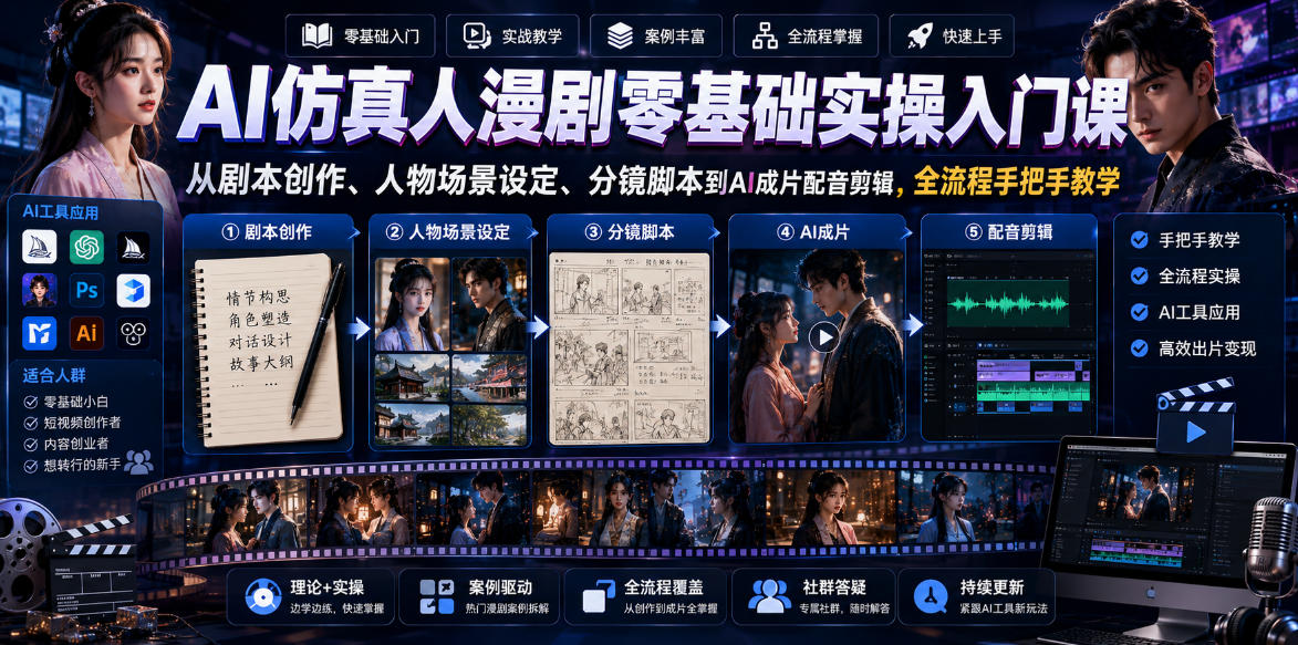 AI仿真人漫剧零基础实操入门课，从剧本创作、人物场景设定、分镜脚本到AI成片配音剪辑，全流程手把手教学-九节课