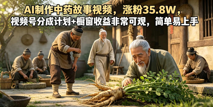 AI制作中药故事视频，涨粉35.8W，视频号分成计划+橱窗收益非常可观，简单易上手-九节课