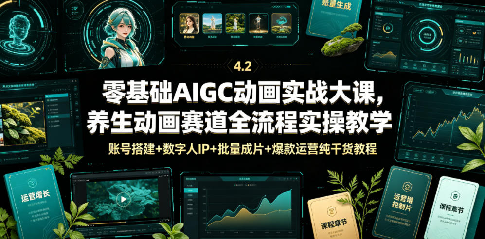 零基础AIGC动画实战大课，养生动画赛道全流程实操教学，账号搭建+数字人IP+批量成片+爆款运营纯干货教程-九节课