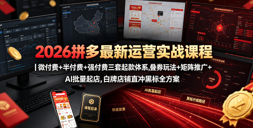 2026拼多多最新运营实战课程|微付费+半付费+强付费三套起款体系,叠券玩法+矩阵推广+AI批量起店,白牌店铺直冲黑标全方案-九节课