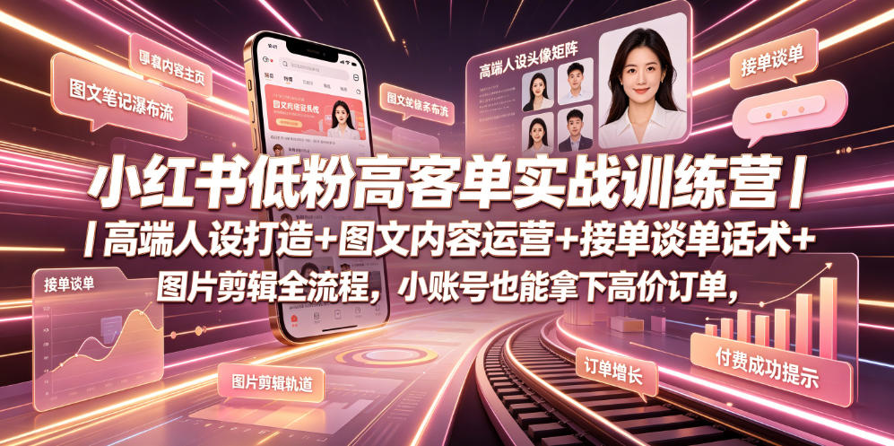 小红书低粉高客单实战训练营｜高端人设打造+图文内容运营+接单谈单话术+图片剪辑全流程，小账号也能拿下高价订单-九节课