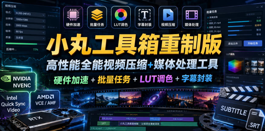 小丸工具箱重制版–高性能全能视频压缩+媒体处理工具｜硬件加速+批量任务+LUT调色+字幕封装-九节课