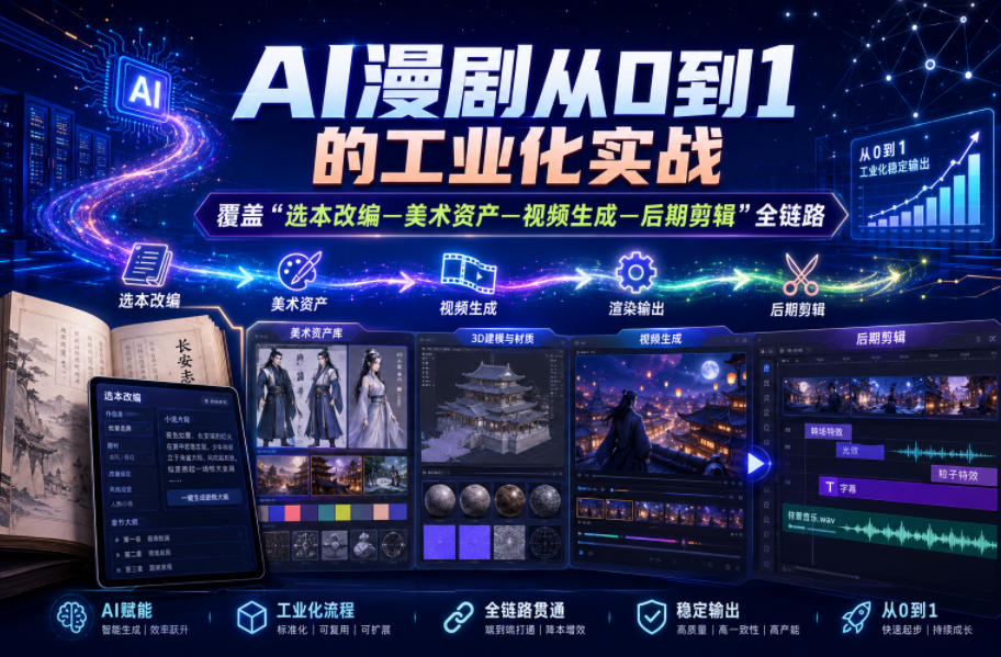 AI漫剧从0到1的工业化实战，覆盖“选本改编—美术资产—视频生成—后期剪辑”全链路（更新6月）-九节课