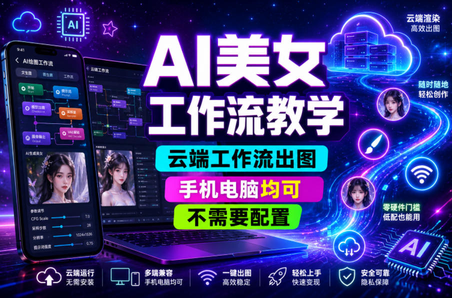 AI美女工作流教学，云端工作流出图，手机电脑均可，不需要配置，快速起号涨粉-九节课