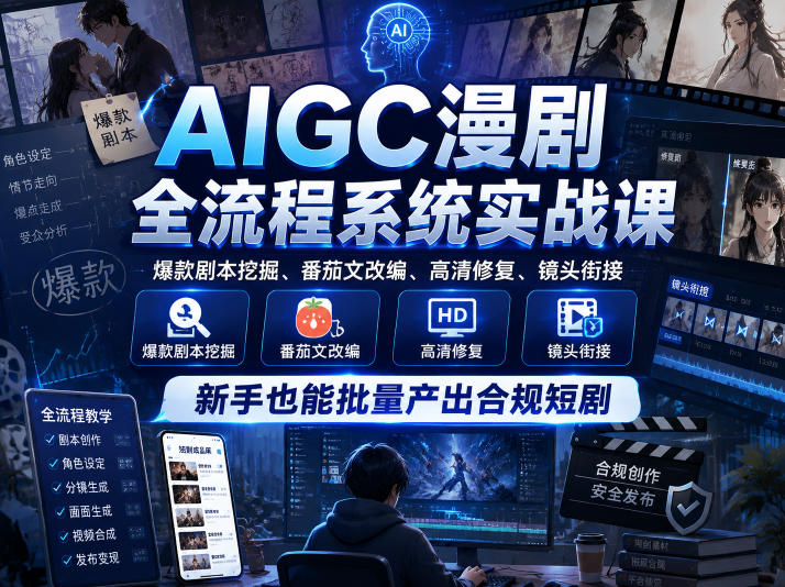 AIGC漫剧全流程系统实战课，爆款剧本挖掘、番茄文改编、高清修复、镜头衔接，新手也能批量产出合规短剧-九节课
