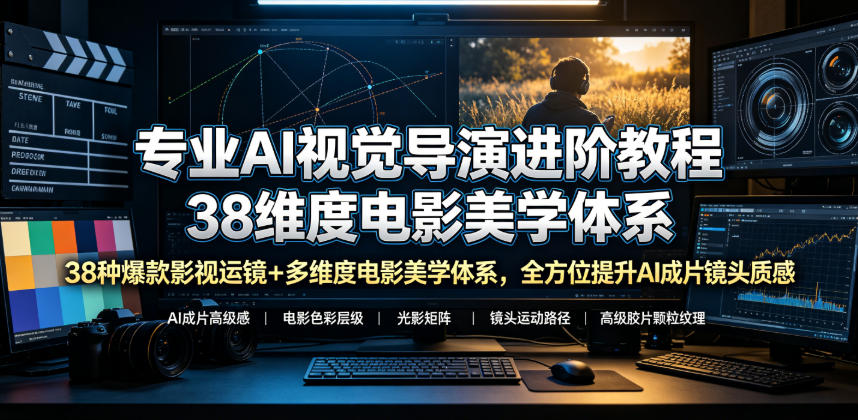 专业AI视觉导演进阶教程，38种爆款影视运镜+多维度电影美学体系，全方位提升AI成片高级感与镜头质感-九节课