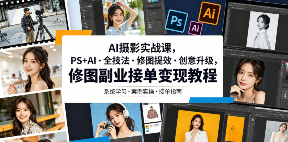 AI摄影实战课，PS+AI・全技法・修图提效・创意升级，修图副业接单变现教程-九节课