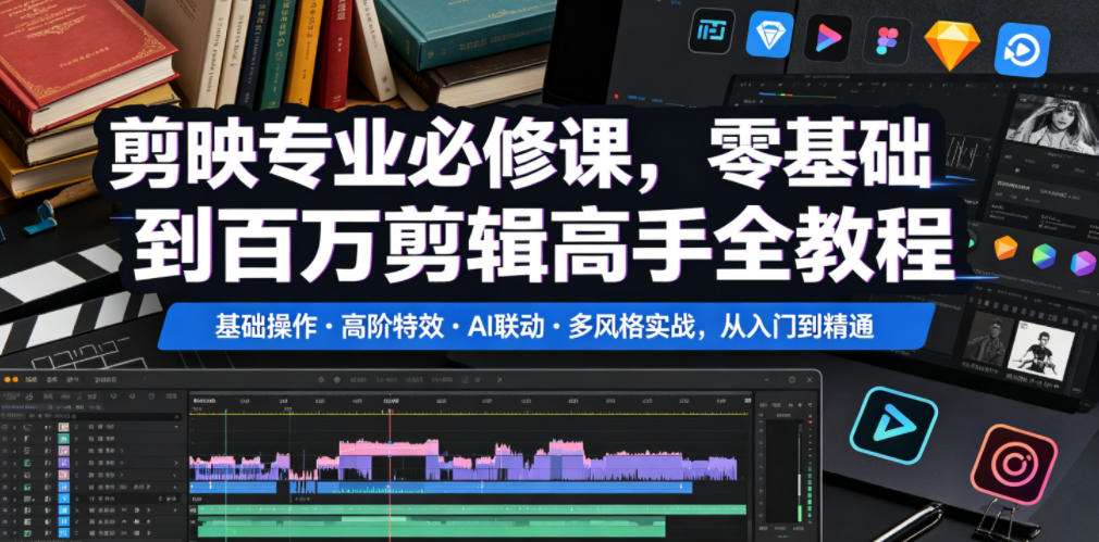 剪映专业必修课，零基础到百万剪辑高手全教程，基础操作・高阶特效・AI联动・多风格实战，从入门到精通-九节课
