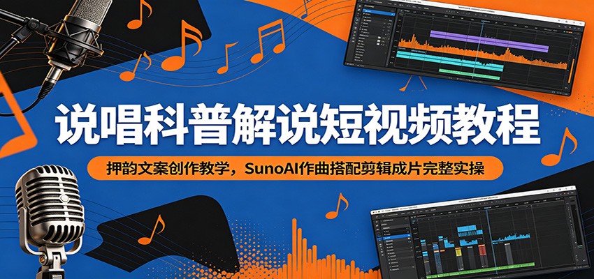 说唱科普解说短视频教程：押韵文案创作教学，SunoAI作曲搭配剪辑成片完整实操-九节课