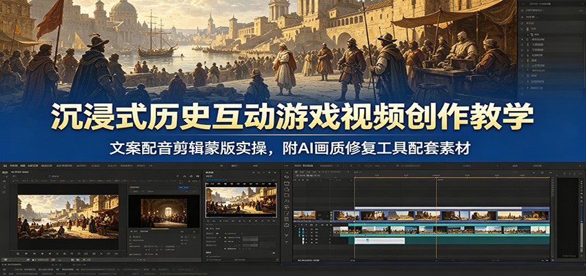 沉浸式历史互动游戏视频创作教学：文案配音剪辑蒙版实操，附AI画质修复工具配套素材-九节课