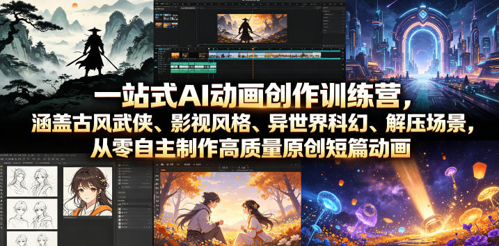 一站式AI动画创作训练营，涵盖古风武侠、影视风格、异世界科幻、解压场景，从零自主制作高质量原创短篇动画-九节课