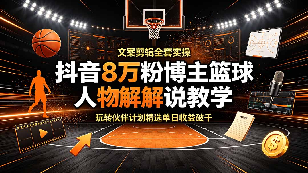 （19135期）抖音8万粉博主篮球人物解说教学，文案剪辑全套实操，玩转伙伴计划精选单日收益破千-九节课