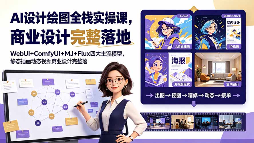 （19244期）AI设计绘图全栈实操课，WebUI+ComfyUI+MJ+Flux四大主流模型，静态插画动态视频商业设计完整落地教程-九节课