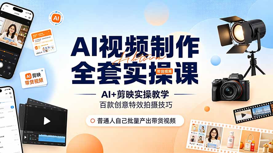 （19200期）AI视频制作全套实操课，多款AI工具搭配剪映教学，百种特效运镜拍摄实操，抖音账号带货运营全覆盖-九节课