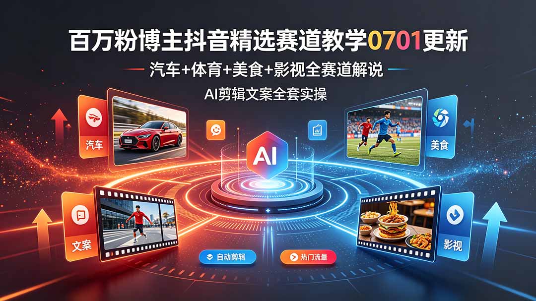 （19144期）百万粉博主抖音精选赛道教学-0701更新，汽车+体育+美食+影视全赛道解说，AI剪辑文案全套实操-九节课