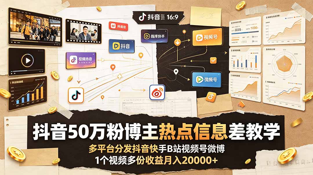 （19145期）抖音50万粉博主热点信息差教学：多平台分发抖音快手B站视频号微博，1个视频多份收益月入20000+-九节课