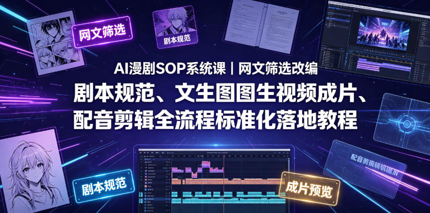 AI漫剧SOP系统课｜网文筛选改编、剧本规范、文生图图生视频成片、配音剪辑全流程标准化落地教程-九节课