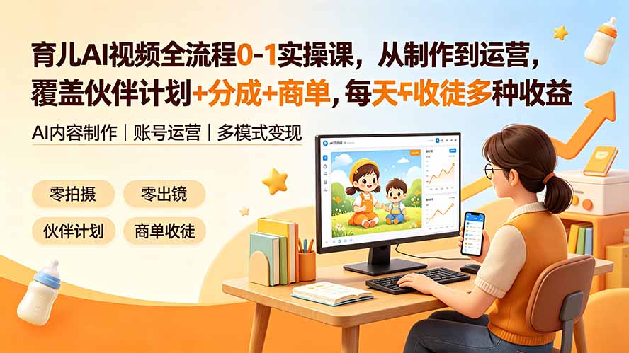 （19236期）育儿AI视频全流程0-1实操课，从制作到运营，覆盖伙伴计划+分成+商单+收徒多种收益，每天500+收益-九节课