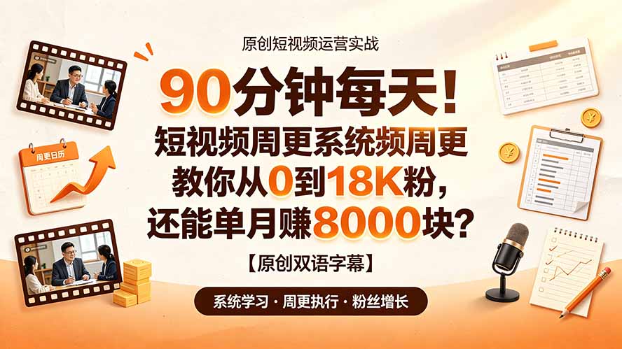 （19265期）90 分钟每天！短视频周更系统教你从 0 到 18K 粉，还能单月赚 8000 块？【原创双语字幕】-九节课