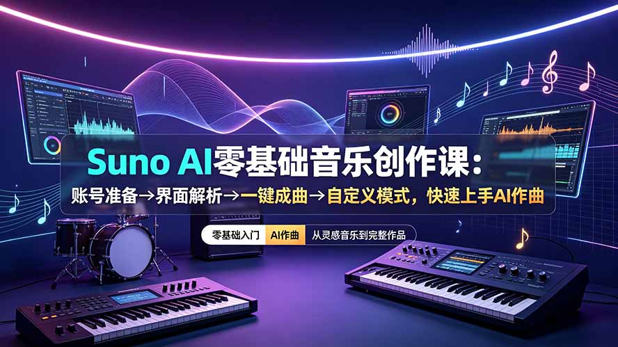 （19264期）Suno AI零基础音乐创作课：账号准备→界面解析→一键成曲→自定义模式，快速上手AI作曲-九节课
