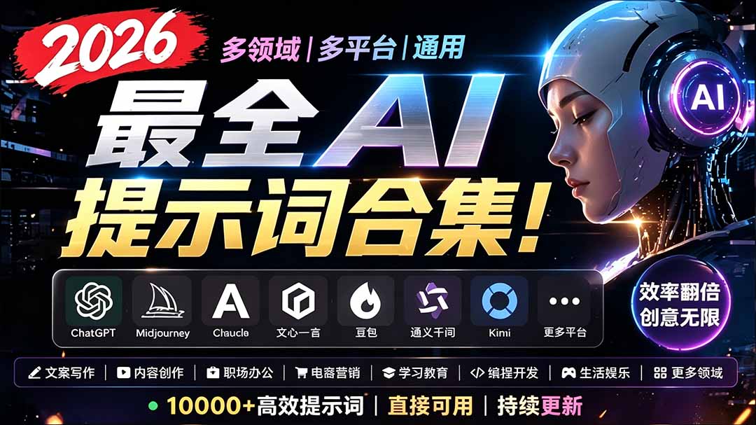 （19240期）2026最全AI提示词合集！多领域多平台通用，涵盖AI绘画、电商主图、爆款文案，脚本创作等-九节课
