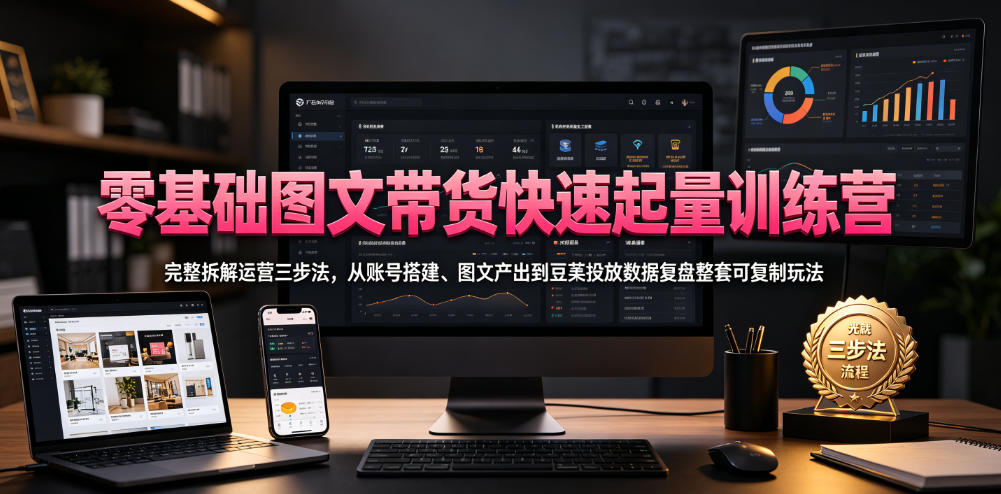 零基础图文带货快速起量训练营，完整拆解运营三步法，从账号搭建、图文产出到豆荚投放数据复盘整套可复制玩法-九节课