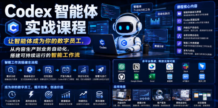 Codex智能体实战课程，让智能体成为你的数字员工，从内容生产到业务自动化，搭建可持续运行的智能工作流-九节课
