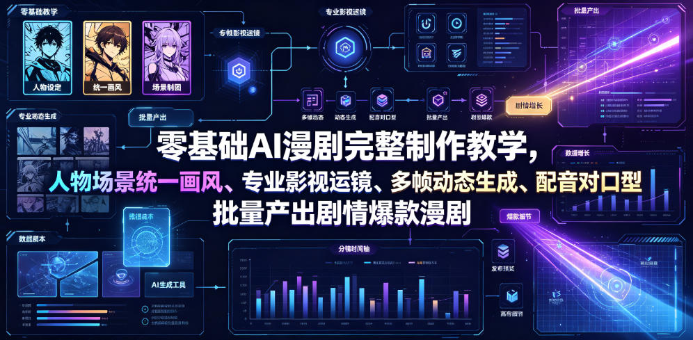 零基础AI漫剧完整制作教学，人物场景统一画风、专业影视运镜、多帧动态生成、配音对口型，批量产出剧情爆款漫剧-九节课