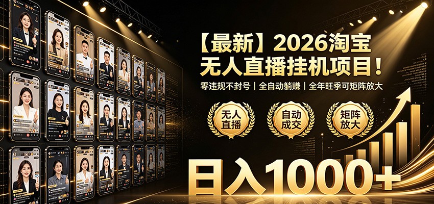 最新2026淘宝无人直播挂机项目！零违规不封号，全自动躺赚，日入1000+-九节课