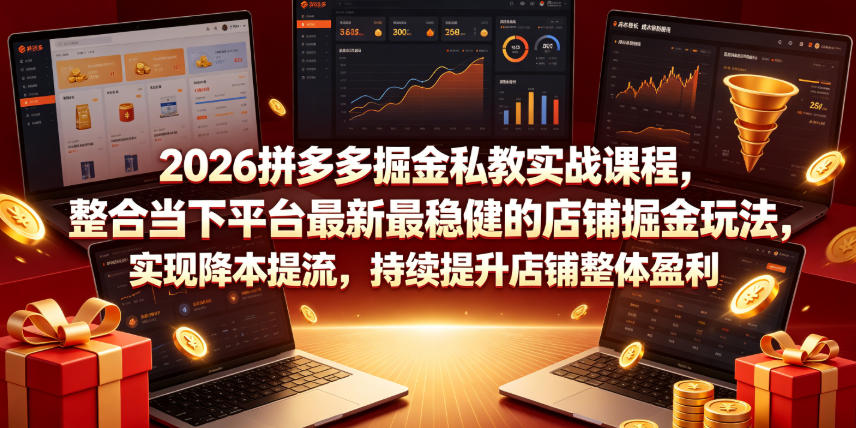 2026拼多多掘金私教实战课程，整合当下平台最新最稳健的店铺掘金玩法，实现降本提流，持续提升店铺整体盈利-九节课