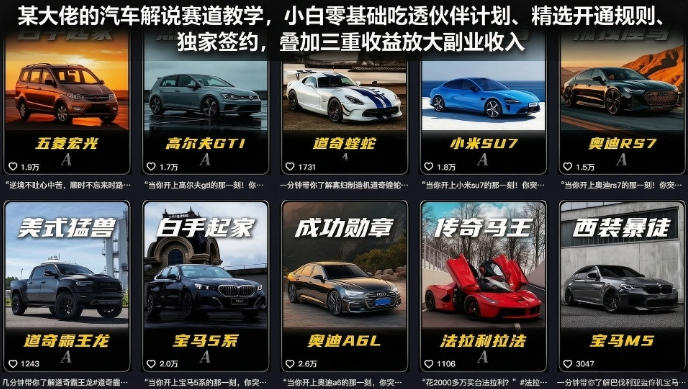 某大佬的汽车解说赛道教学，小白零基础吃透伙伴计划、精选开通规则、独家签约，叠加三重收益放大副业收入-九节课