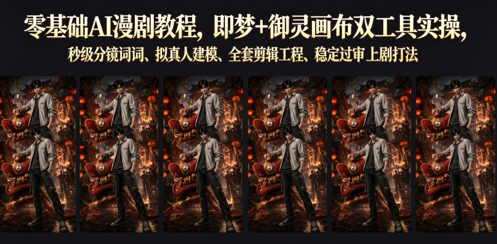 零基础AI漫剧教程，即梦+御灵画布双工具实操，秒级分镜提示词、拟真人建模、全套剪辑工程、稳定过审上剧打法-九节课