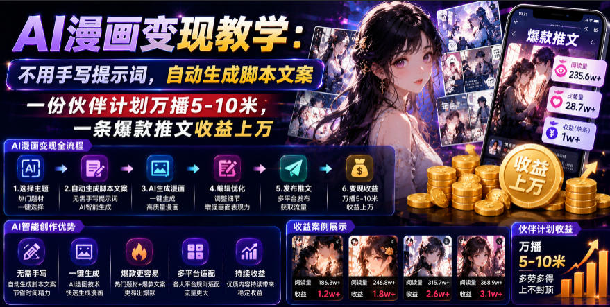 AI漫画变现教学：不用手写提示词，自动生成脚本文案，一份伙伴计划万播5-10米，一条爆款推文收益上W-九节课