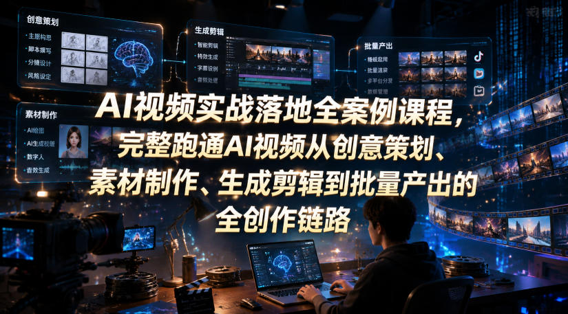 AI视频实战落地全案例课程，完整跑通AI视频从创意策划、素材制作、生成剪辑到批量产出的全创作链路-九节课