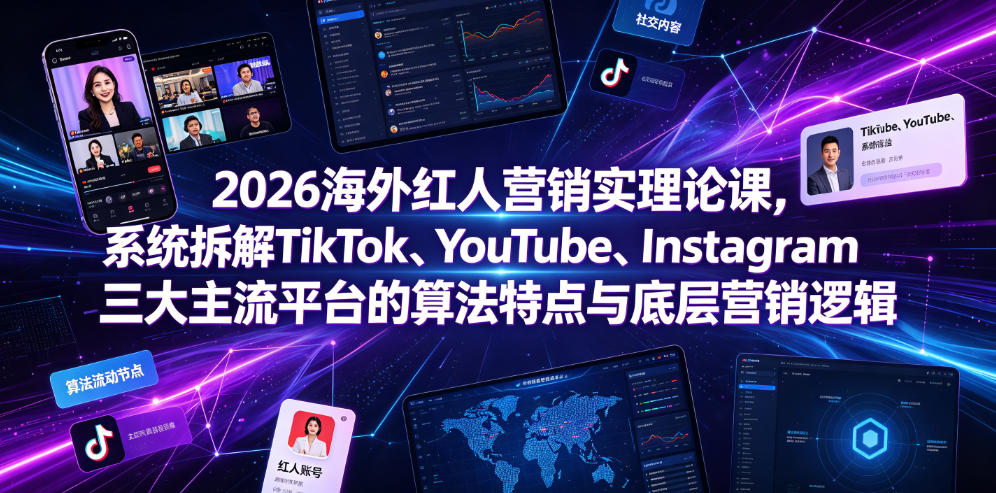 2026海外红人营销实理论课，系统拆解TikTok、YouTube、Instagram三大主流平台的算法特点与底层营销逻辑-九节课