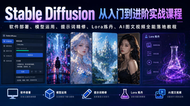 Stable Diffusion从入门到进阶实战课程｜软件部署、模型运用、提示词精修、Lora炼丹、AI图文视频全能落地教程-九节课