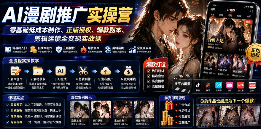 AI漫剧推广实操营｜零基础低成本制作、正版授权、爆款剧本、剪辑运镜全变现实战课-九节课