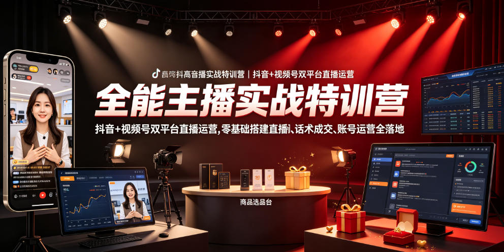 全能主播实战特训营｜抖音+视频号双平台直播运营，零基础搭建直播间、精准选品、话术成交、账号运营全落地-九节课
